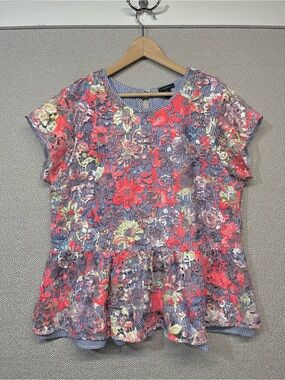 XL Halogen Peplum Top Floral Lace Overlay with Blue and White Stripe Underlay